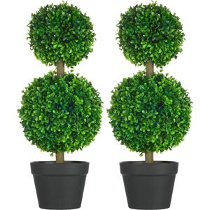 HOMCOM Lot de 2 arbres buis artificiel double boules avec tronc et pot inclus - H.60 cm pe vert - Publicité
