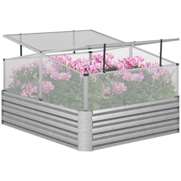 outsunny fioriera in metallo rialzata con copertura superiore in pc per uso esterno in giardino, patio e balcone, 126x107x57.5/67.5 cm, argento