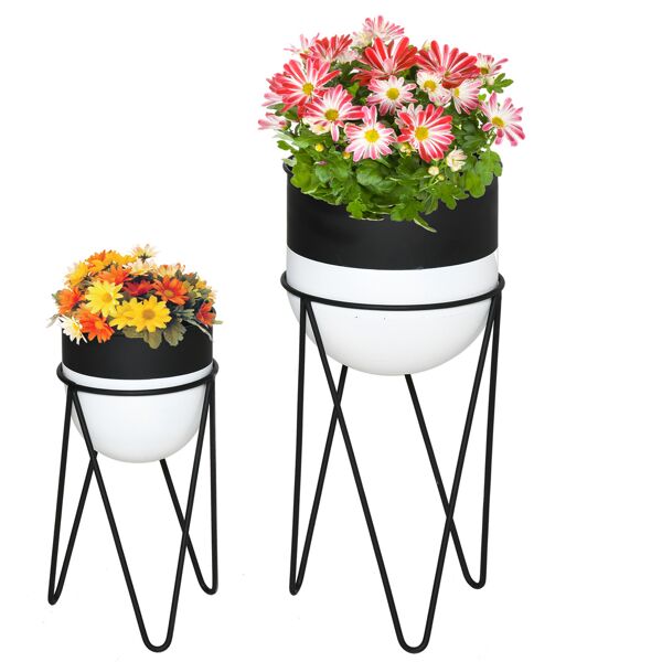 outsunny fioriera set di 2 pezzi vasi rialzati con supporto di metallo per arredamento interni ed esterni nera