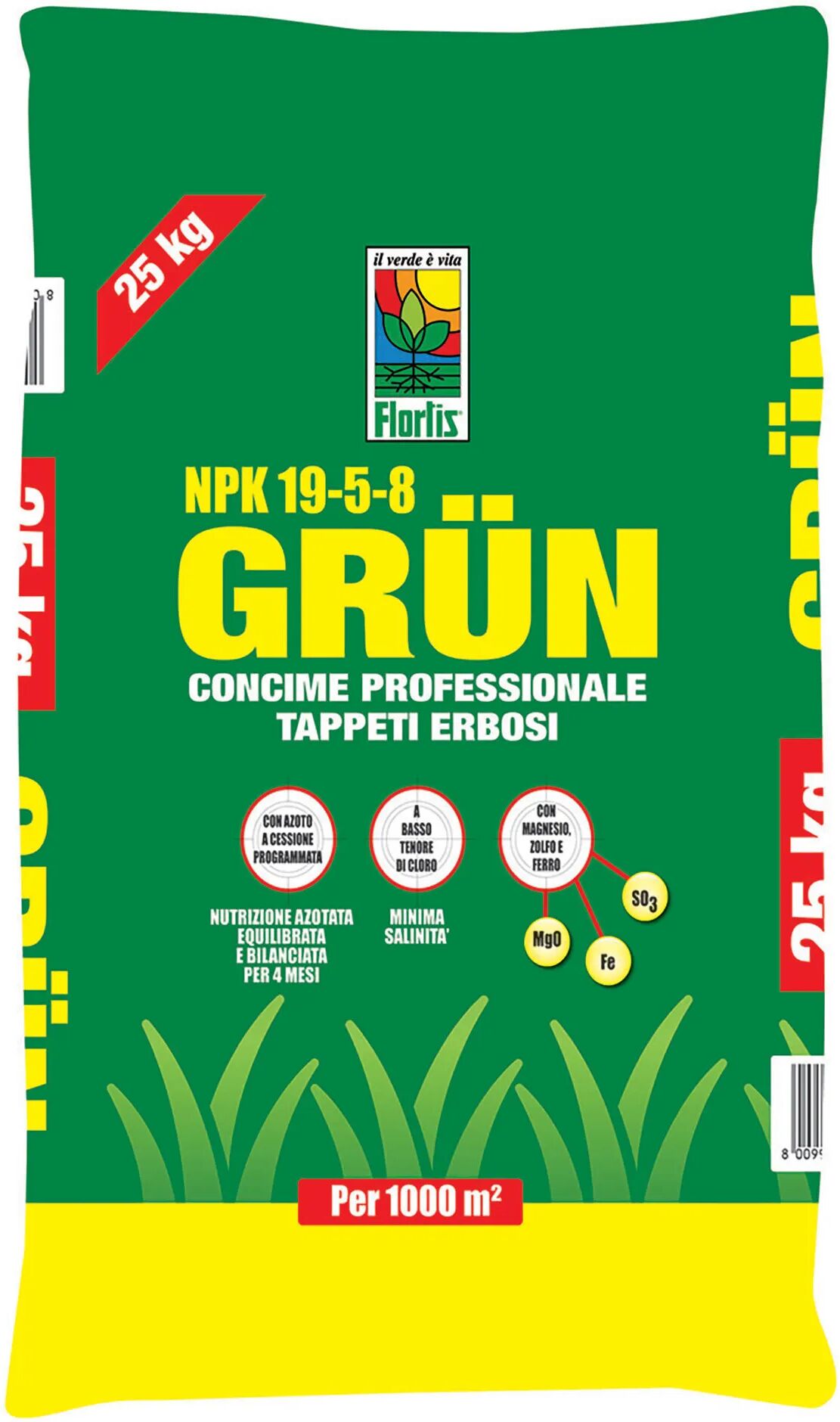 Flortis CONCIME PRATO-GIARDINO GRANULARE GRUN CESSIONE PROGRAMMATA  NPK 19.5.8+MgO+Fe 25 kg