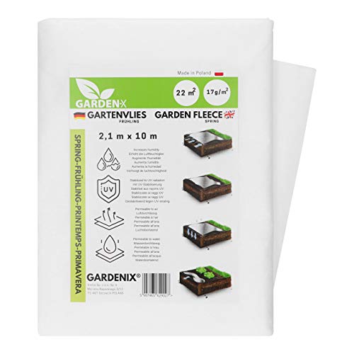 GARDENIX lentetuinvlies van 21 m² met waterdoorlatendheid, voor het afdekken van groentebedden, UV-stabilisatie (2,1 m x 10 m)