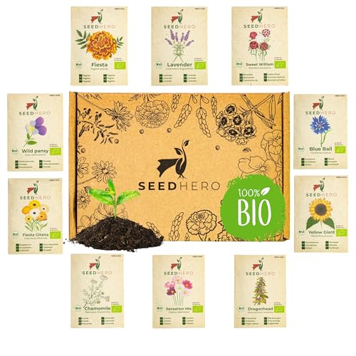 Seedhero Biologische zaden voor eetbare bloemen, 10 soorten bloemzaden van biologische landbouw,  zaadset, set met zonnebloem, kamille, cosmea, lavendel en meer
