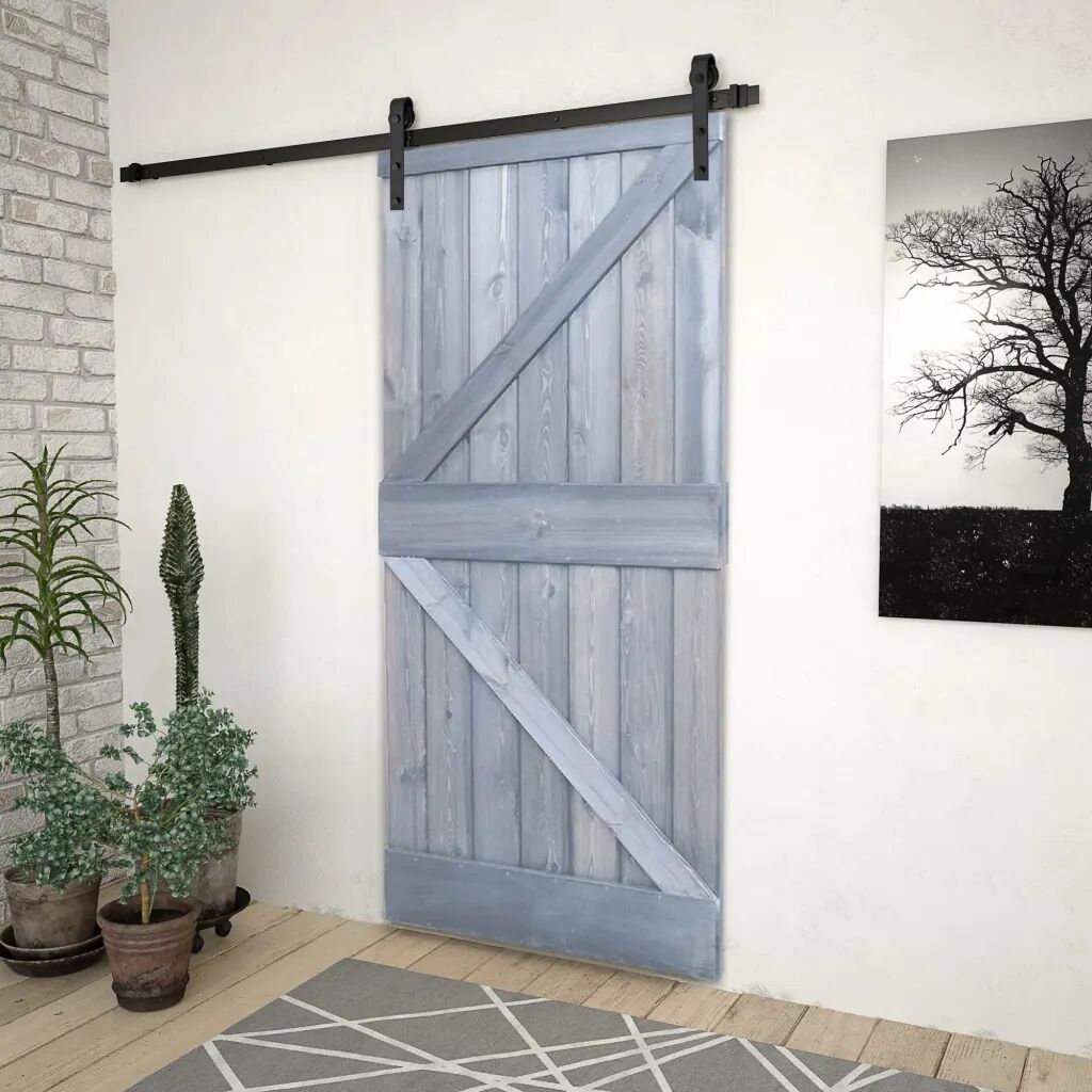 vidaXL Porta de correr com ferragens 90x210 cm pinho maciço cinzento