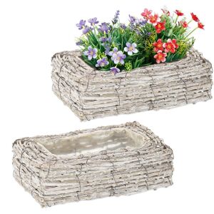 Relaxdays Set of 2 Plant Pots, Rattan, Flower Baskets with Foil, HDW: 8x27x17cm, Indoors Square Planters, White/Natural