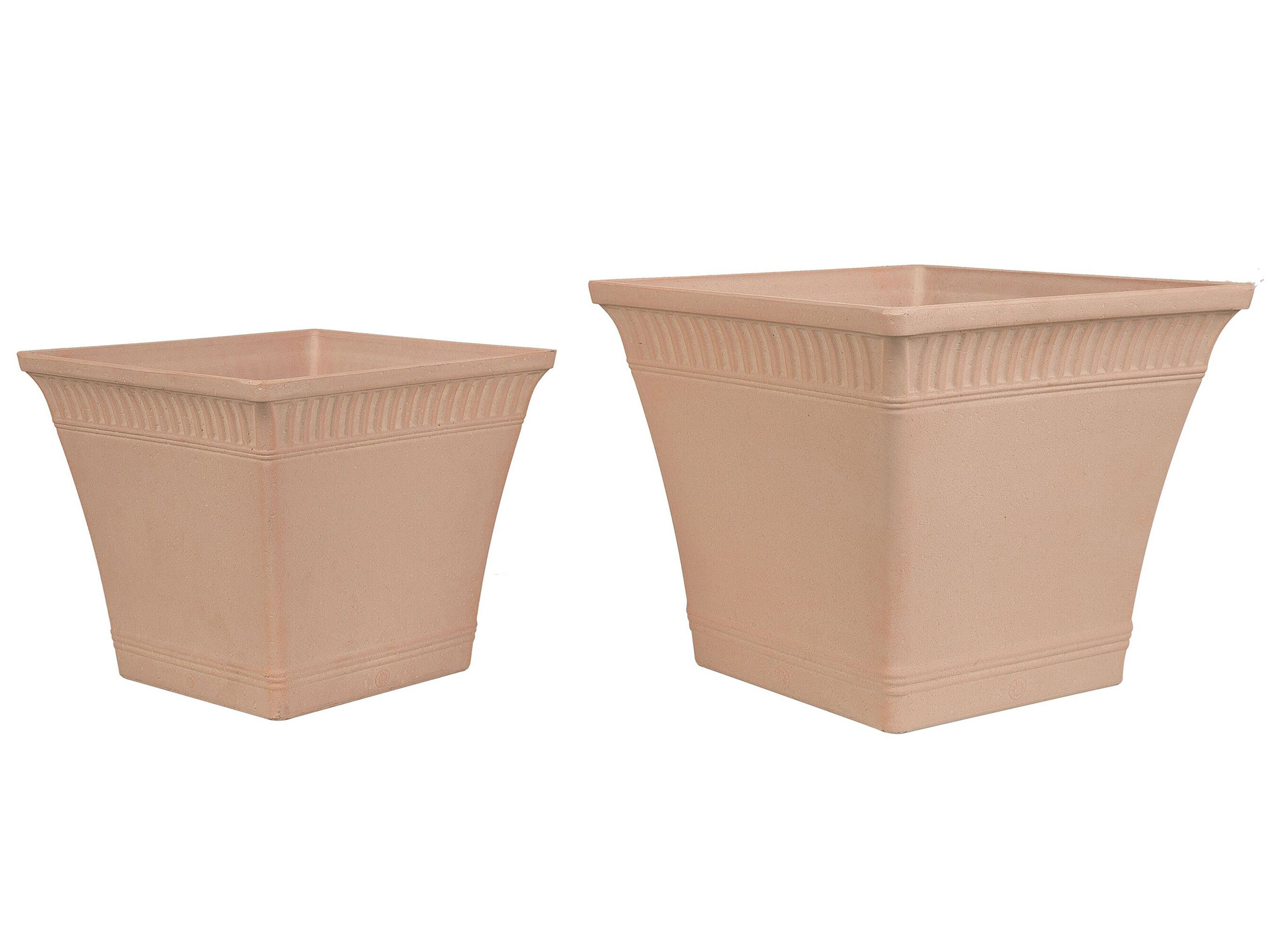 Beliani Set of 2 Plant Pots Planters Solid Light Red Stone Mixture Square Various Sizes Outdoor Resistances All-Weather