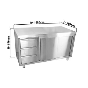 GGM Gastro - Armoire de travail inox PREMIUM - 1600x700mm - avec 3 tiroirs a gauche sans rebord Argent