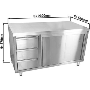 GGM Gastro - Armoire de travail inox ECO - 2000x600mm - avec 3 tiroirs a gauche sans rebord Argent