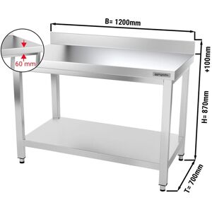 GGM Gastro - Table de travail en inox PREMIUM - 1200x700mm - avec fond de base & rebord Argent