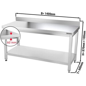 GGM Gastro - Table de travail en inox PREMIUM - 1400x600mm - avec fond et rebord Argent