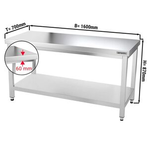 GGM Gastro - Table de travail en inox PREMIUM - 1600x700mm - avec fond de base sans rebord Argent