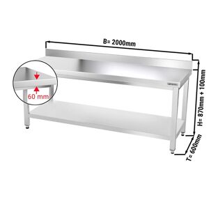 GGM Gastro - Table de travail en inox PREMIUM - 2000x600mm - avec fond de base & rebord Argent