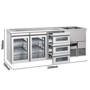 GGM Gastro - Comptoir a biere PREMIUM - 2500x700mm - 2 portes vitrees & 3 tiroirs en verre Argent