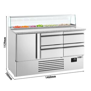 GGM Gastro - Saladette PREMIUM PLUS - 1460mm - 1 Porte & 4 Tiroirs - 8x GN 1/6 - Rehausse en verre Argent