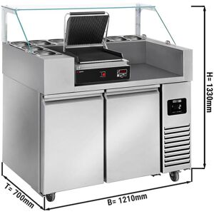 GGM Gastro - Table de preparation - 1210mm - pour 9x GN 1/6 - 2 portes - incl. grill de contact digital Argent