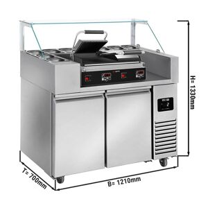 GGM Gastro - Table de preparation - 1210mm - pour 9x GN 1/6 - 2 portes - grill de contact inclus Argent