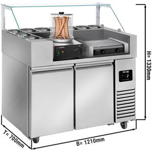 GGM Gastro - Table de preparation - 1210mm - pour 9x GN 1/6 - 2 portes - incl. grill a saucisses & chauffe-saucisses Argent