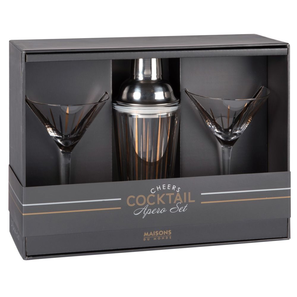 Maisons du Monde Coffret 2 verres à cocktail en verre strié et shaker