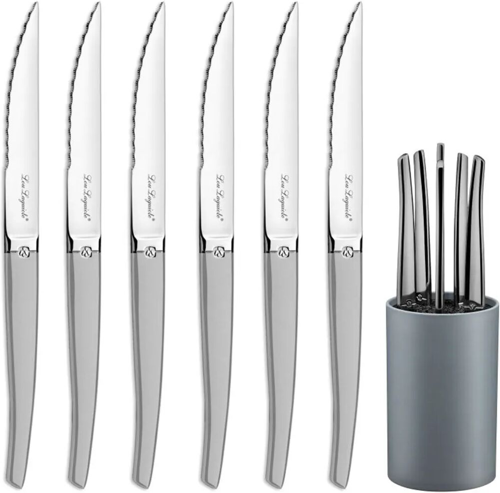 Lou Laguiole Kit de couteaux à steak avec bloc Jet 6pcs Satiné Argenté