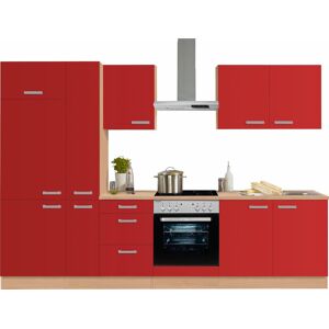 OPTIFIT Küchenzeile »Odense«, Breite 300 cm, mit 28 mm starker Arbeitsplatte,... Küche: rot + Korpus: buchefarben + Arbeitsplatte: buchefarben