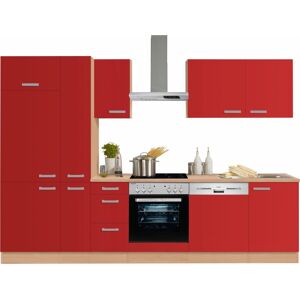 OPTIFIT Küchenzeile »Odense«, Breite 300 cm mit 28 mm starker Arbeitsplatte,... Küche: rot + Korpus: buchefarben + Arbeitsplatte: buchefarben Größe