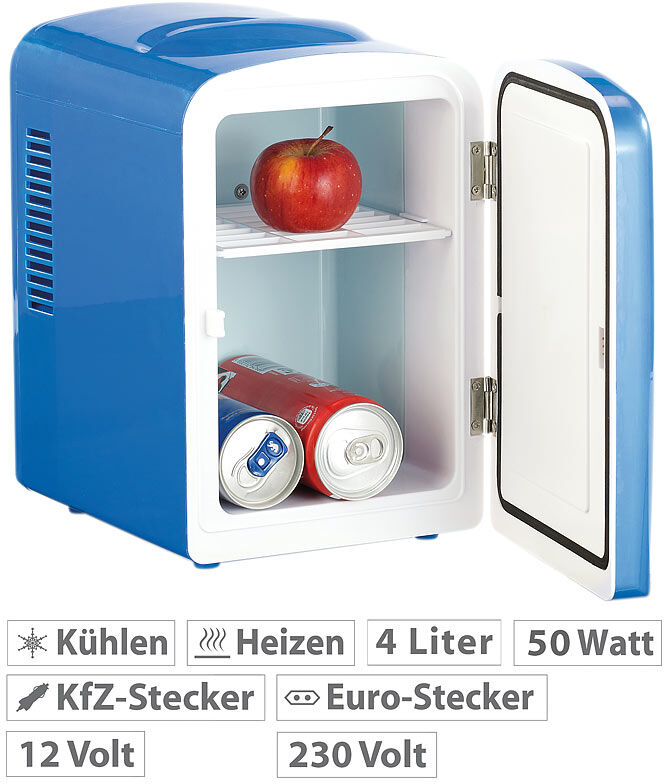 Rosenstein & Söhne Mini-Kühlschrank mit Warmhalte-Funktion, für 12 & 230 V, 4 Liter, blau