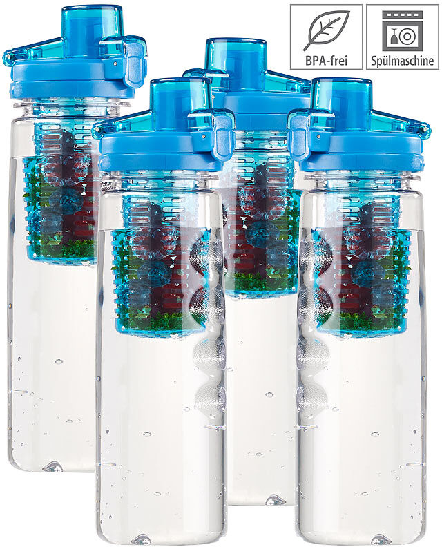 Rosenstein & Söhne 4er-Set Tritan-Trinkflaschen mit Fruchtbehälter, BPA-frei, 800ml, blau