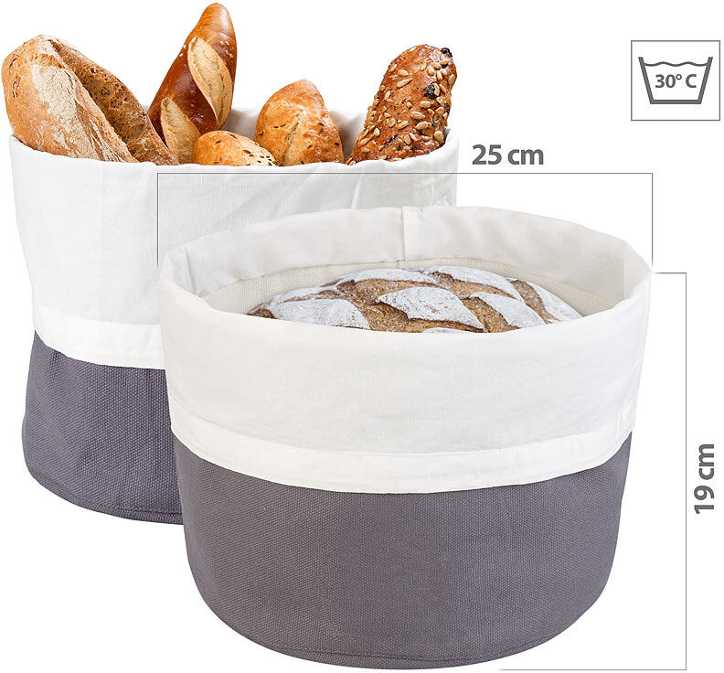 Rosenstein & Söhne 2er-Set XL-Brotkorb aus Baumwolle, verschließbare Kordel, Ø 25 cm