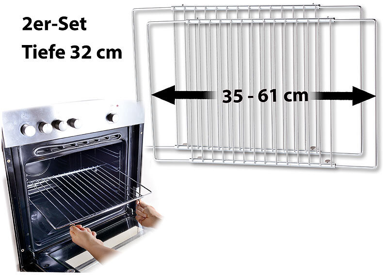 Rosenstein & Söhne Universal-Backofenrost, ausziehbar von 35 - 61 cm, 32 cm tief, 2er-Set