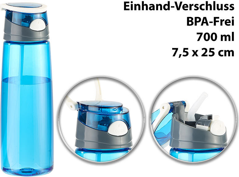 Pearl BPA-freie Kunststoff-Trinkflasche mit Einhand-Verschluss, 700 ml, blau