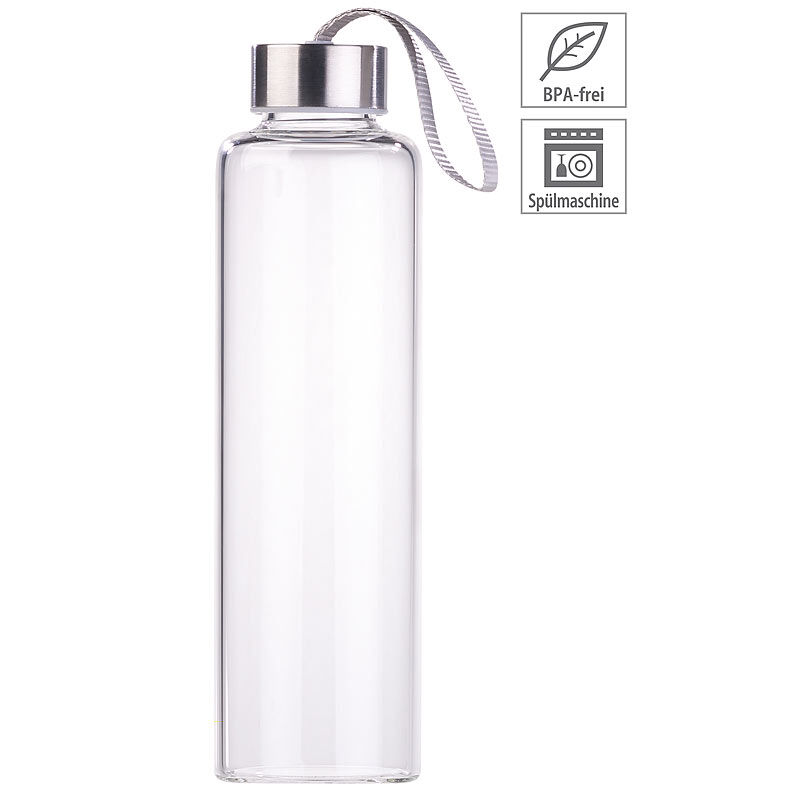 Pearl Trinkflasche aus Borosilikat-Glas, 550 ml, spülmaschinenfest, BPA-frei