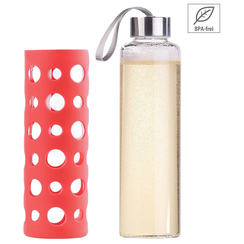 Pearl Trinkflasche aus Borosilikat-Glas, rote Silikonhülle, 550 ml, BPA-frei
