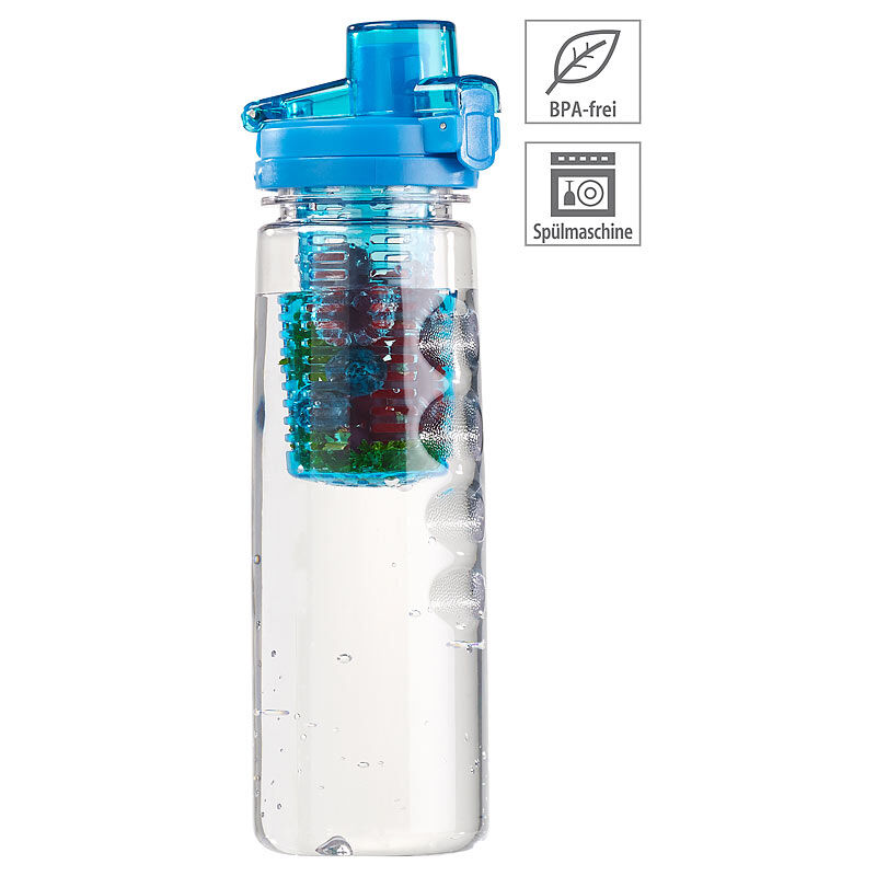 Rosenstein & Söhne Tritan-Trinkflasche mit Fruchtbehälter, BPA-frei, 800 ml, blau