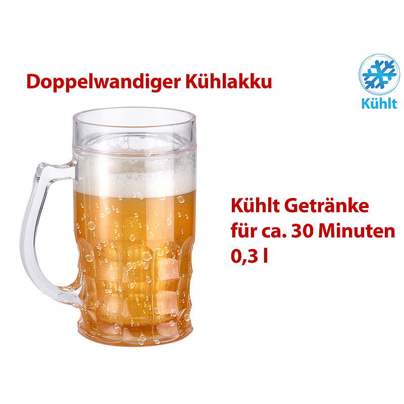 Rosenstein & Söhne Doppelwandiger Bierkrug, Bier- & Getränke-Kühler mit Fake-Bier, 0,3 l