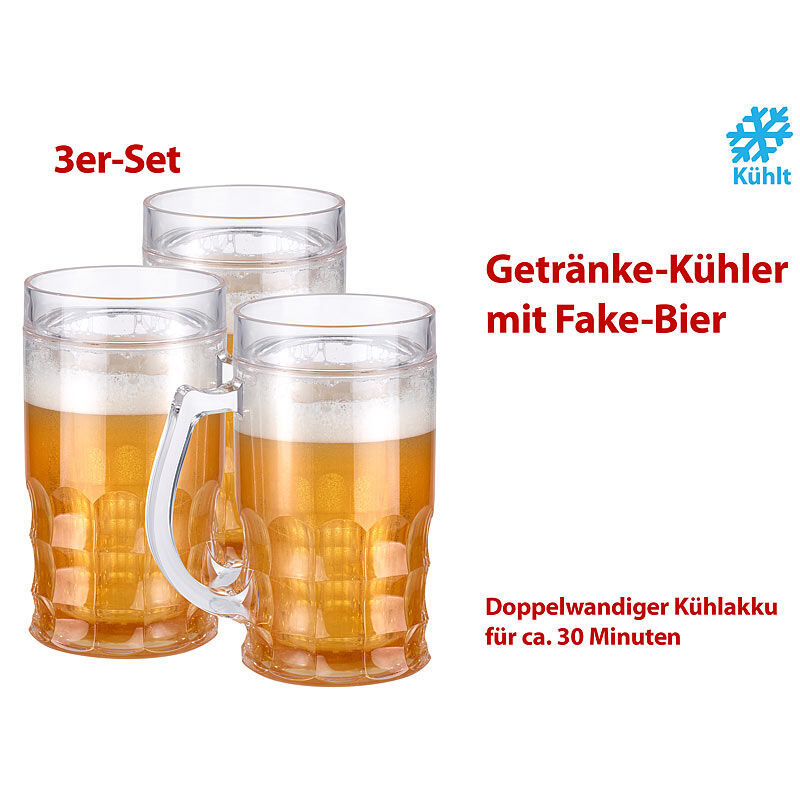 Rosenstein & Söhne Doppelwandiger Getränke-Kühler als Scherz-Bierkrug, 0,3 l, 3er-Set