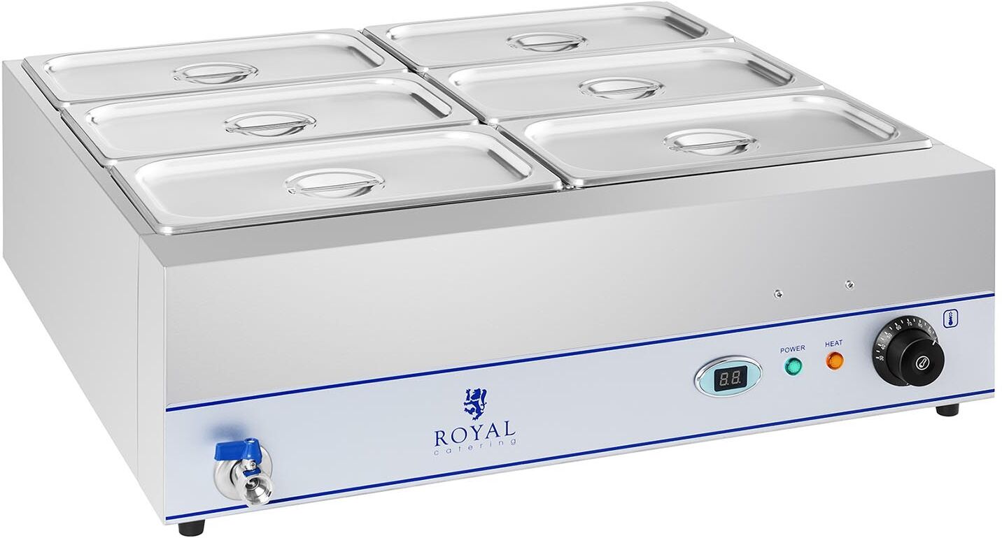 Royal Catering Bain Marie - 2.000 W - 6 x GN nádob 1/3 - s výpustí RCBM-6W-2000