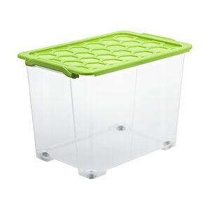 Rotho Aufbewahrungsbox EVO Safe mit Rollen und Deckel 65 L transparent/grün