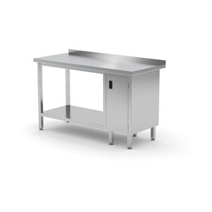 Edelstahl Gastro-Arbeitstisch mit Klapptür rechts sowie Grundboden und Aufkantung   AISI 430 Qualität   HxBxT 85x100x60cm