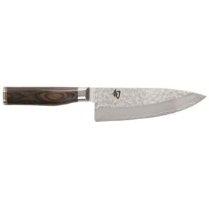 KAI Shun Premier Tim Mälzer Japanese Chef's Knife 15 cm Blade Length VG-MAX Core 61 HRC, 32 Layers Damask Highly Polished Pakka Wood Medium Brown Grained Hammered Surface Made in Japan