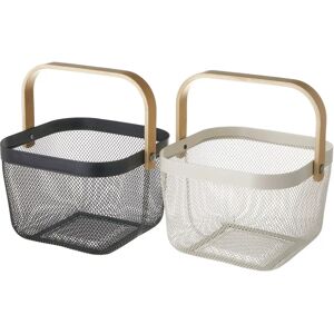 LOLAhome Set de 2 cestas para fruta de metal en blanco y negro con asa de madera de álamo de 26x26x17 cm