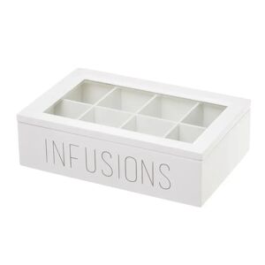LOLAhome Caja de infusiones de 8 compartimentos de madera y cristal blanca de 28x8x18 cm