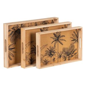 LOLAhome Juego de 3 bandejas con tapizado de palmeras de madera natural de abeto y ratán natural