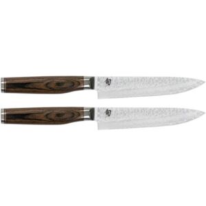 KAI Shun Premier Tim Mälzer japanisches Steakmesser 2er Set 13 cm Klingenlänge VG-MAX Kern 61 HRC, 32 Lagen Damast hochglanzpoliert Pakkaholz mittelbraun Hammerschlagoberfläche Made in Japan