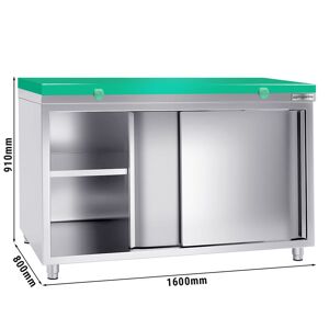 GGM Gastro - Armoire de travail en inox PREMIUM - 1600x800mm - avec porte coulissante sans rebord y compris plaque de decoupe Argent / Vert