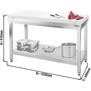 GGM Gastro - Table de travail en acier inoxydable PREMIUM avec fond de base sans rebord, y compris plaque de decoupe 1200x600mm Blanc