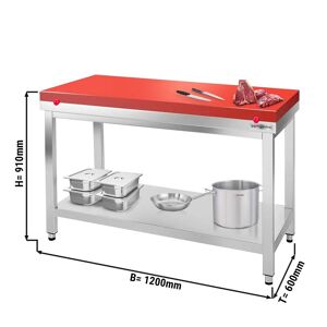 GGM Gastro - Table de travail en acier inoxydable PREMIUM avec fond de base sans rebord, y compris plaque de decoupe 1200x600mm Rouge