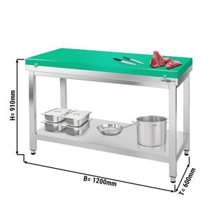 GGM Gastro - Table de travail en acier inoxydable PREMIUM avec fond de base sans rebord, y compris plaque de decoupe 1200x600mm Vert