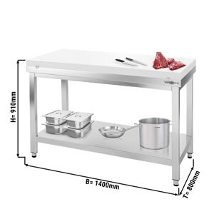 GGM Gastro - Table de travail en inox PREMIUM - 1400x800mm - avec fond de base sans rebord y compris plaque de decoupe Blanc