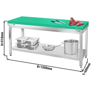 GGM Gastro - Table de travail en acier inoxydable PREMIUM avec fond de base sans rebord, y compris plaque de decoupe 1500x600mm Vert