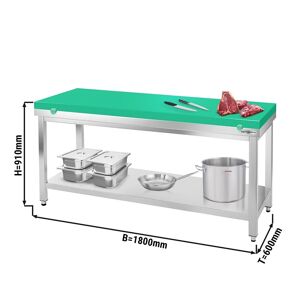 GGM Gastro - Table de travail en acier inoxydable PREMIUM avec fond de base sans rebord, y compris plaque de decoupe 1800x600mm Vert