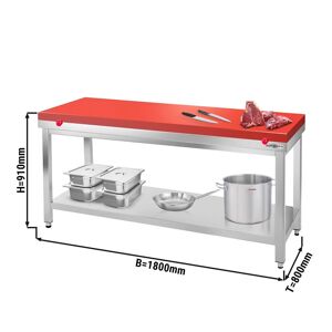 GGM Gastro - Table de travail inox PREMIUM - 1800x800mm - avec fond de base sans rebord y compris plaque de decoupe Rouge